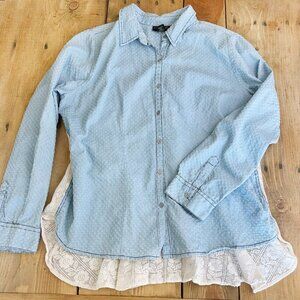 Lola P. Blue Button Down Lace Back XL‎ 100% Cotton Textured Shirt